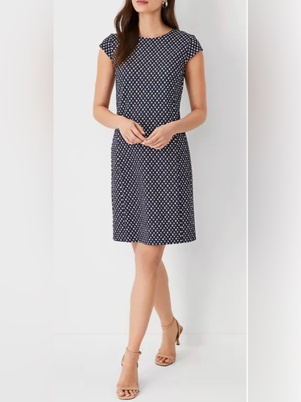 NEW ANN TAYLOR NAVY BLUE PETITE CHECKED FLARE SHEATH DRESS SZ 12P 12